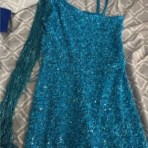 Sequin Teal Rachel Allen one shoulder fun fashion romper